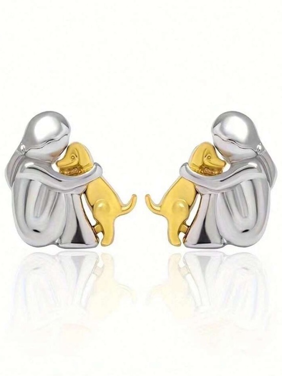 Jewelry - Silver and Gold Hugging Dog Stud Earrings